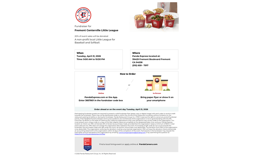 Fundraiser - April 21st @ Panda Express FCLL Earn 20%